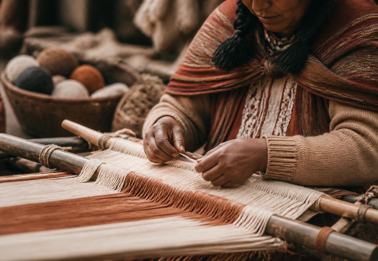 Andean artisan weaving alpaca wool on a traditional loom